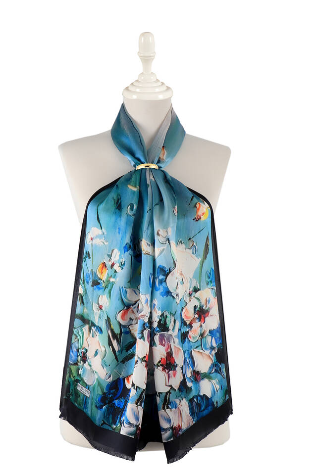 Navy Blue Anemone Pattern Silk Foulard - Bursa İpek