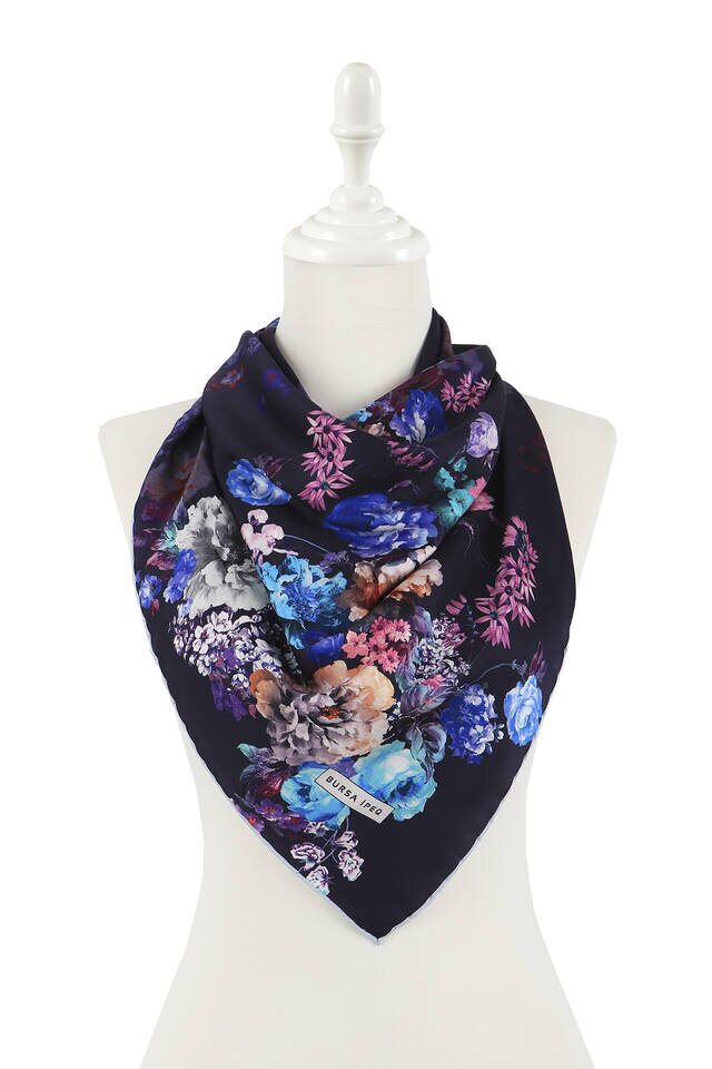 Navy Blue Begonia Pattern Silky Square Scarf - 2
