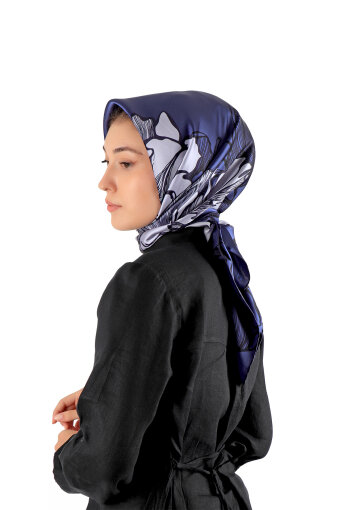 Navy Blue Begonia Pattern Sura Silk Square Scarf 