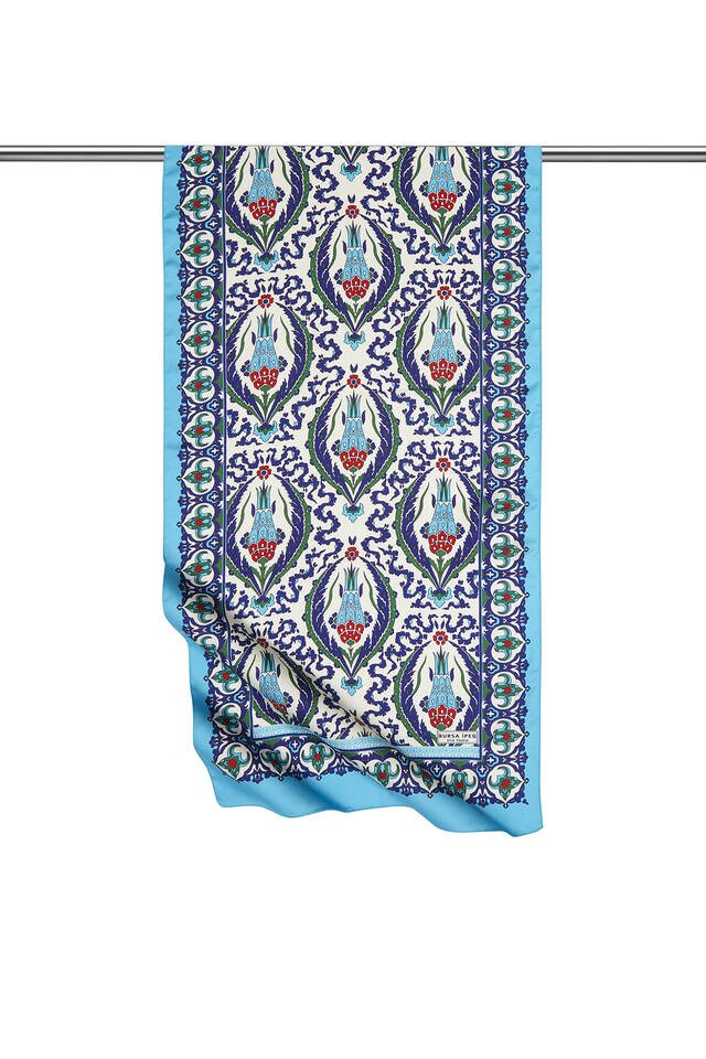 Navy Blue Blue Carnation Pattern Narrow Silky Foulard 