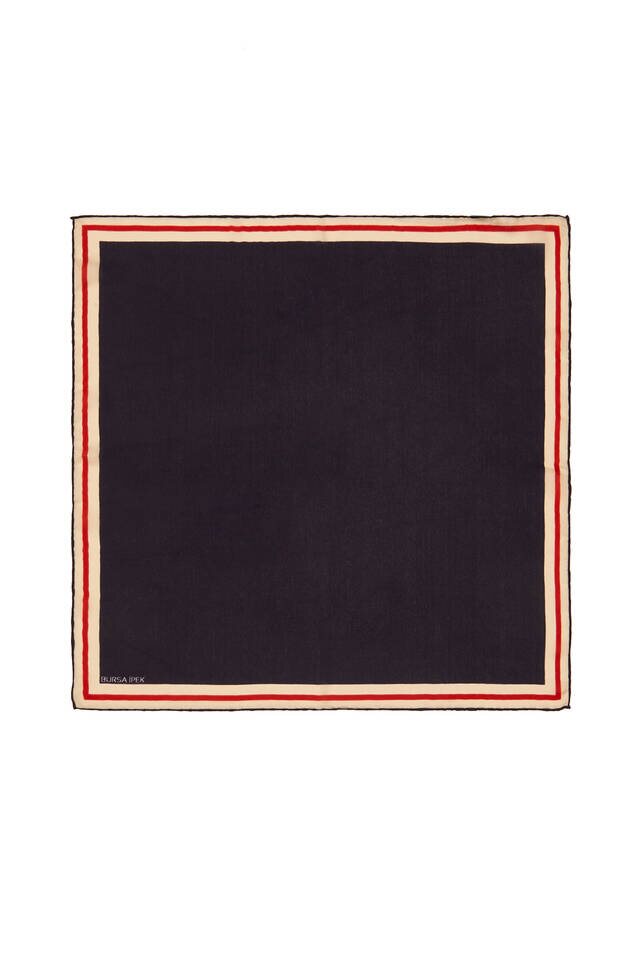 Navy Blue Bordered Plain Silk Pocket Square - Bursa İpek