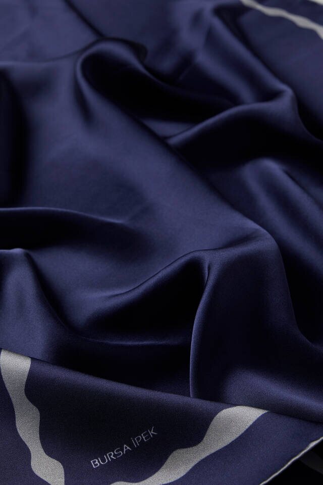 Navy Blue Bordered Water Wave Silk Square Scarf - 3