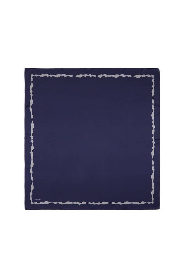 Navy Blue Bordered Water Wave Silk Square Scarf 