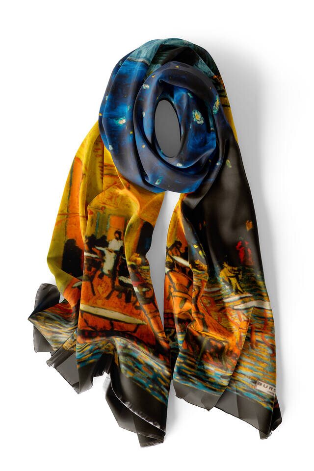 Navy Blue Cafe Street Silk Painting Foulard - 4