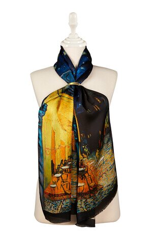 Navy Blue Cafe Street Silk Painting Foulard 