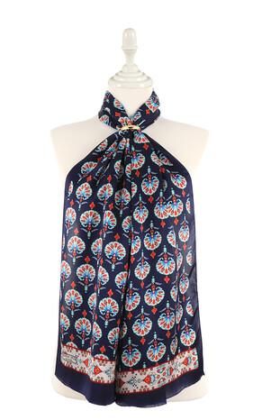Navy Blue Carnation Pattern Silk Foulard 