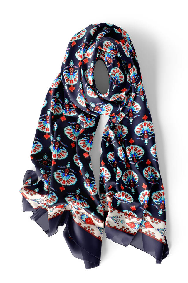 Navy Blue Carnation Pattern Silk Foulard - 3