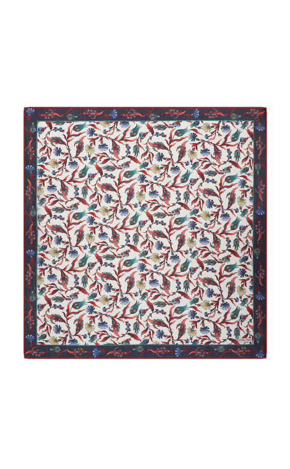 Navy Blue Carnation Tulip Pattern Soft Square Scarf - Bursa İpek