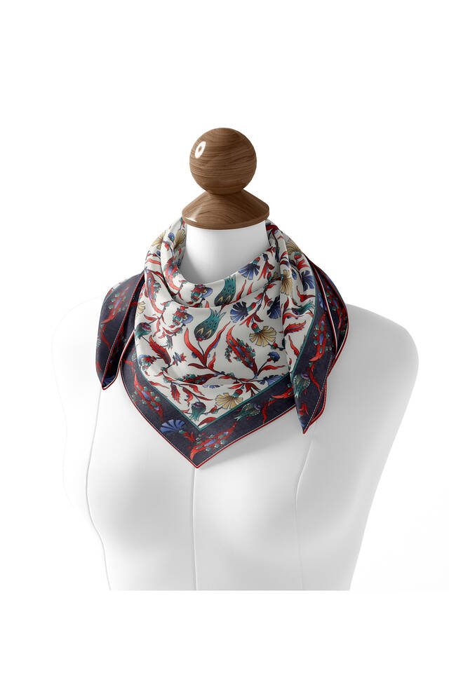 Navy Blue Carnation Tulip Pattern Soft Square Scarf - 2