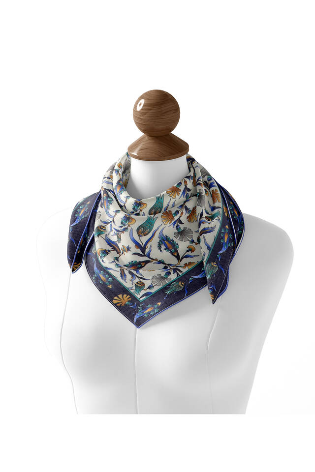 Navy Blue Carnation Tulip Pattern Soft Square Scarf - 2