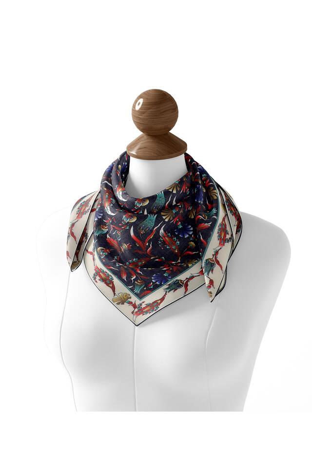 Navy Blue Carnation Tulip Pattern Soft Square Scarf - 2