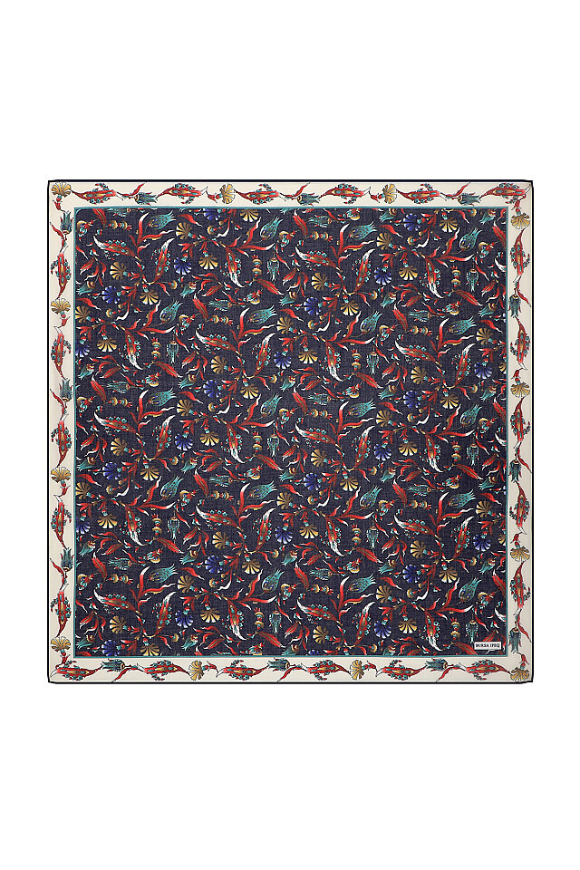 Navy Blue Carnation Tulip Pattern Soft Square Scarf 