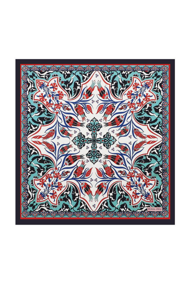 Navy Blue Cintemani Carnation Pattern Silky Pocket Square - Bursa İpek