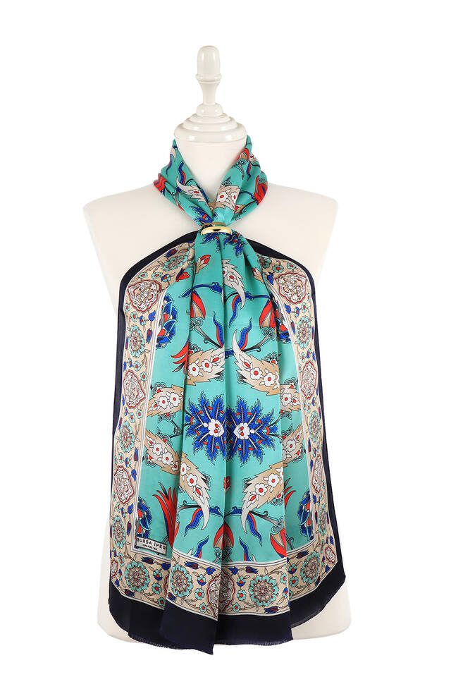 Navy Blue Cream Efes Pattern Silk Foulard - Bursa İpek