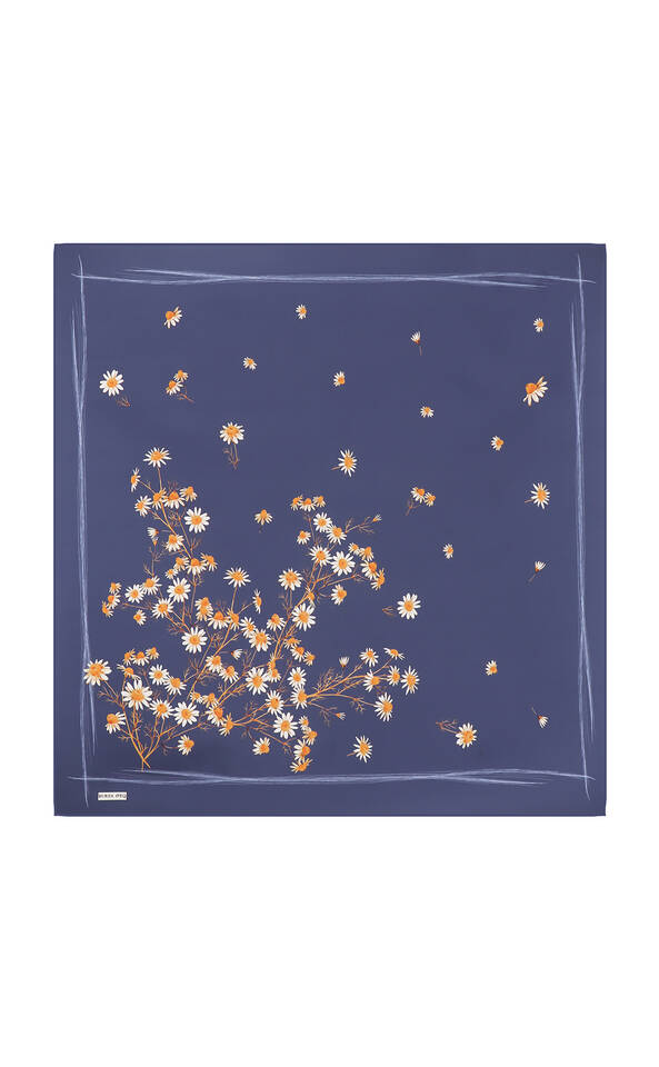 Navy Blue Daisy Pattern Twill Silk Square Scarf - 2