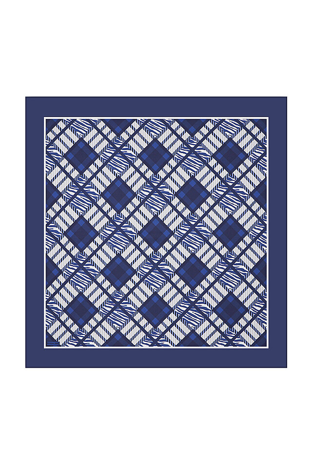 Navy Blue Diamond Pattern Twill Silk Square Scarf - 1