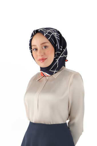 Navy Blue Echo Pattern Twill Silk Square Scarf 