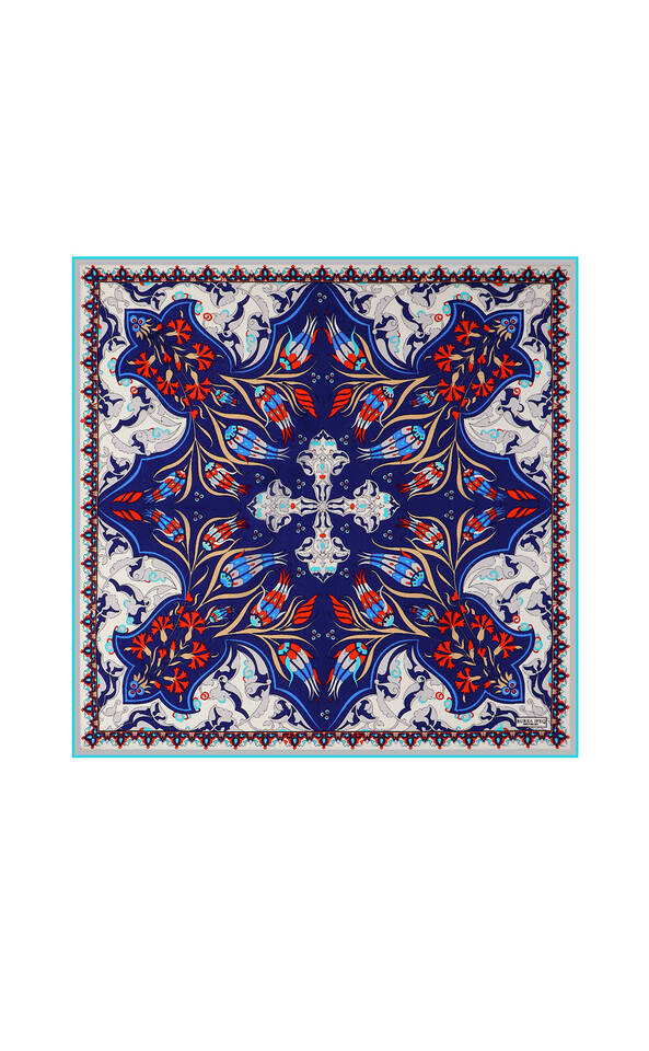 Navy Blue Ecru Carnation Tulip Pattern Silk Pocket Square - Bursa İpek
