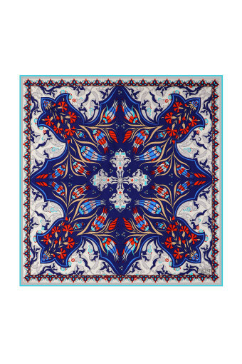 Navy Blue Ecru Carnation Tulip Pattern Silk Pocket Square 