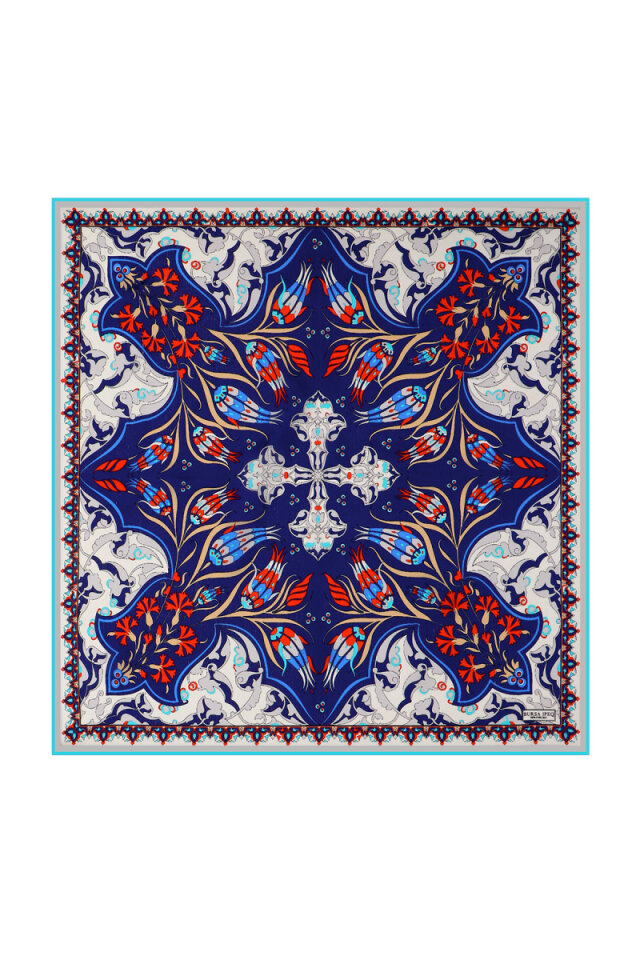 Navy Blue Ecru Carnation Tulip Pattern Silk Pocket Square - Bursa İpek