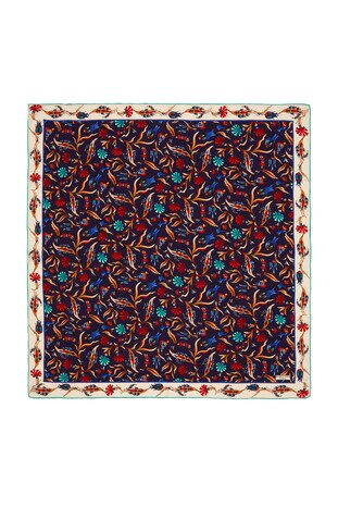 Navy Blue Ecru Carnation Tulip Pattern Silk Square Scarf 