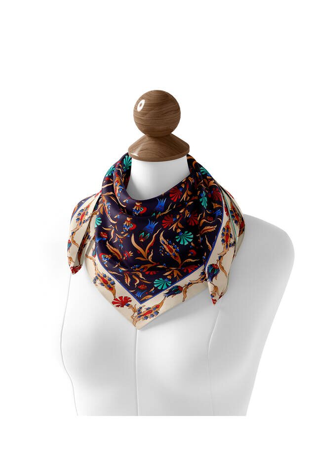Navy Blue Ecru Carnation Tulip Pattern Silk Square Scarf - Bursa İpek