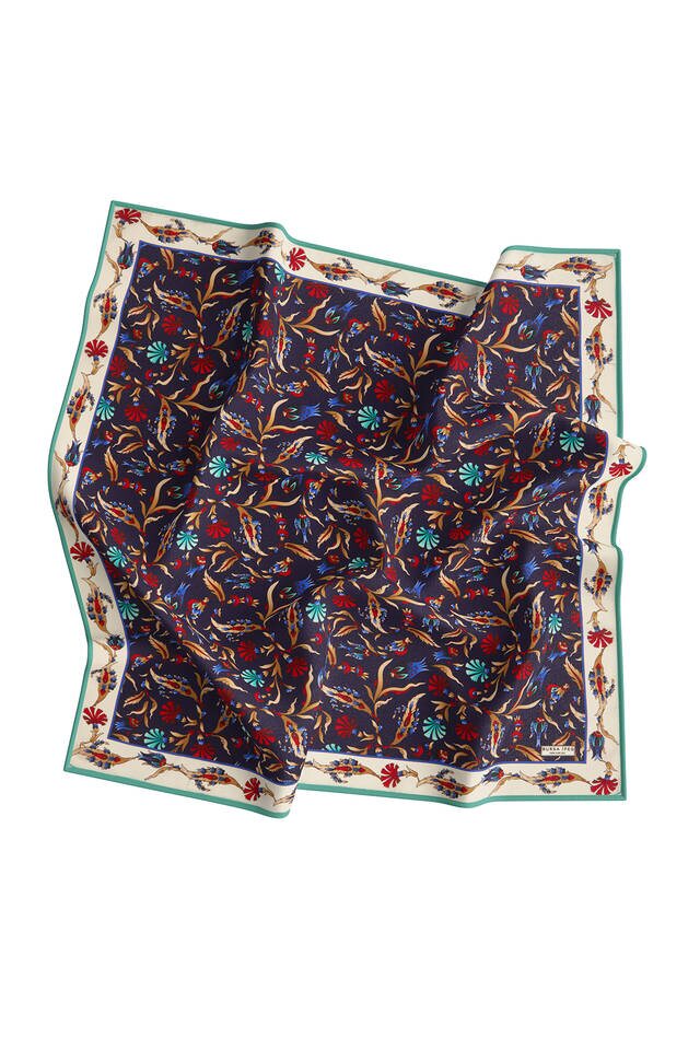 Navy Blue Ecru Carnation Tulip Pattern Silk Square Scarf - 3