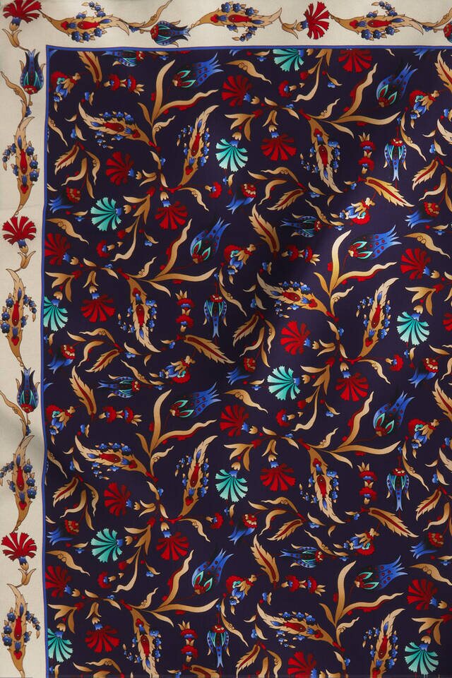 Navy Blue Ecru Carnation Tulip Pattern Silk Square Scarf - 4