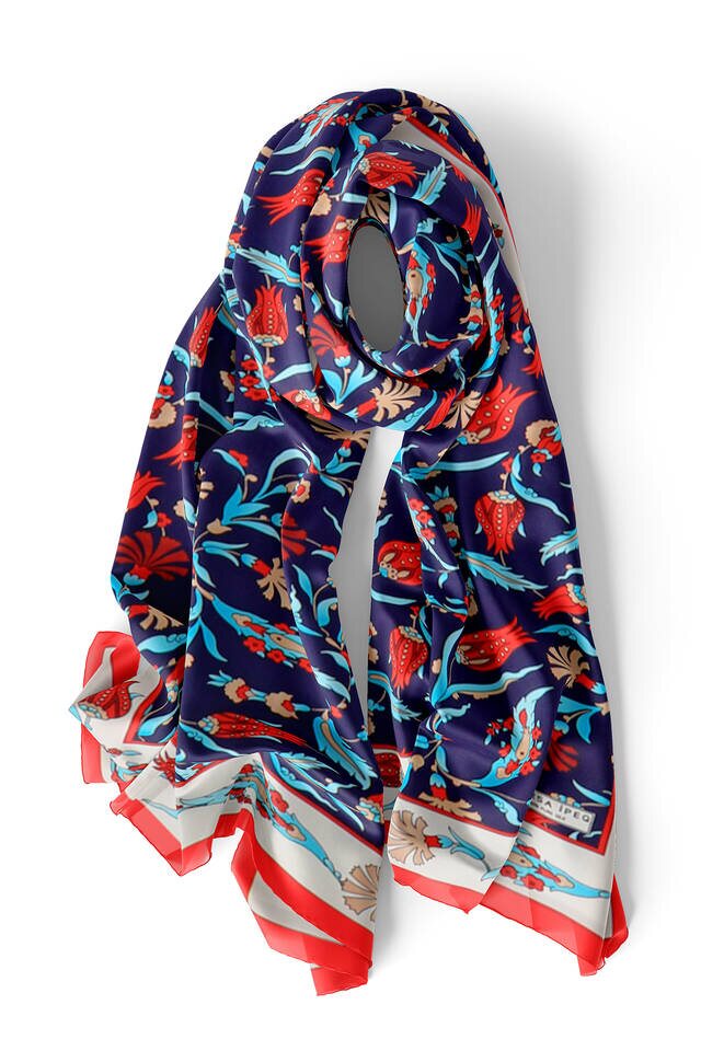 Navy Blue Ecru Carnation Tulip Silk Foulard - 3