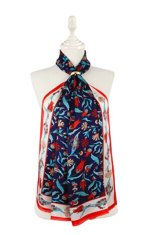 Navy Blue Ecru Carnation Tulip Silk Foulard 
