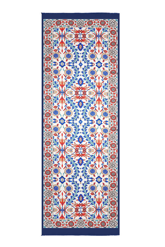 Navy Blue Ecru Selçuk Pattern Silk Foulard - 4