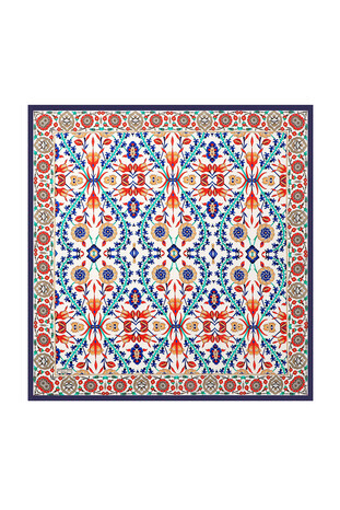 Navy Blue Ecru Selçuk Pattern Silk Square Scarf 