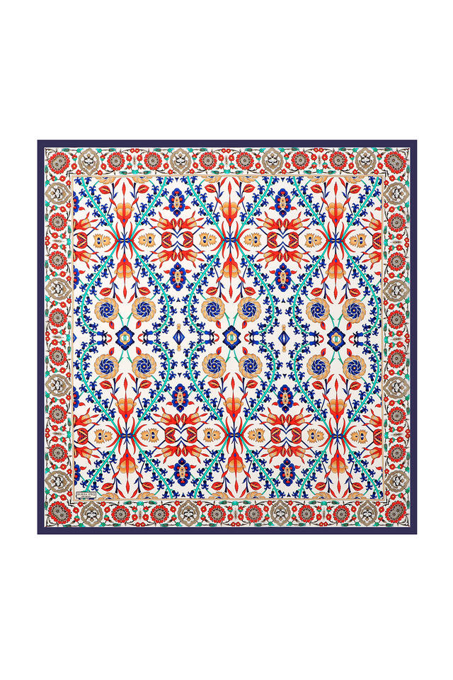 Navy Blue Ecru Selçuk Pattern Silk Square Scarf - 2