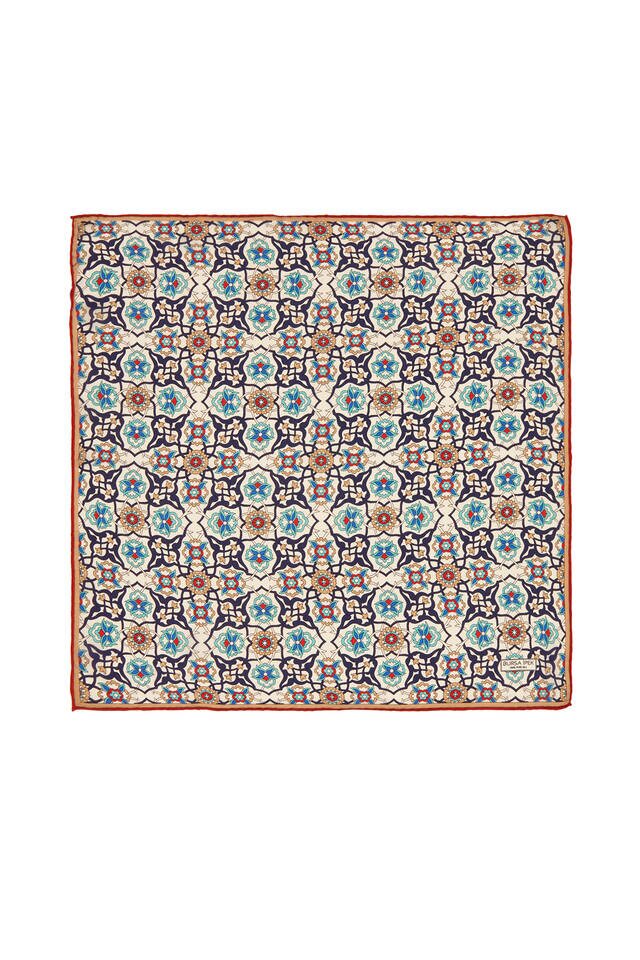 Navy Blue Ecru Tile Spiral Pattern Silk Pocket Square 