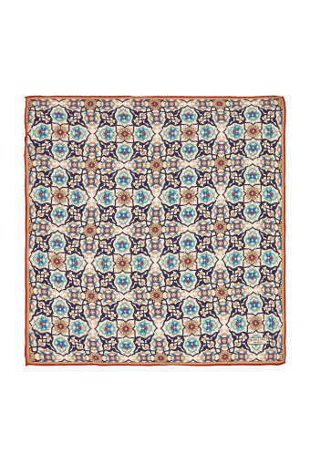 Navy Blue Ecru Tile Spiral Pattern Silk Pocket Square 