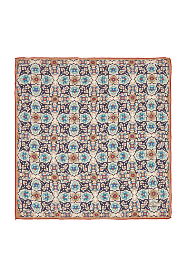 Navy Blue Ecru Tile Spiral Pattern Silk Pocket Square - Bursa İpek
