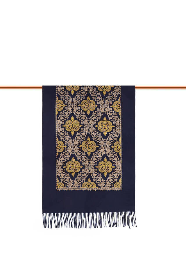 Navy Blue Embroidered Winter Shawl - 3