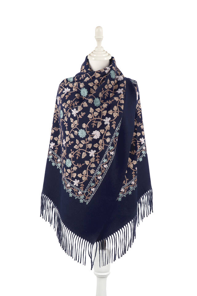 Navy Blue Embroidered Winter Shawl - Bursa İpek