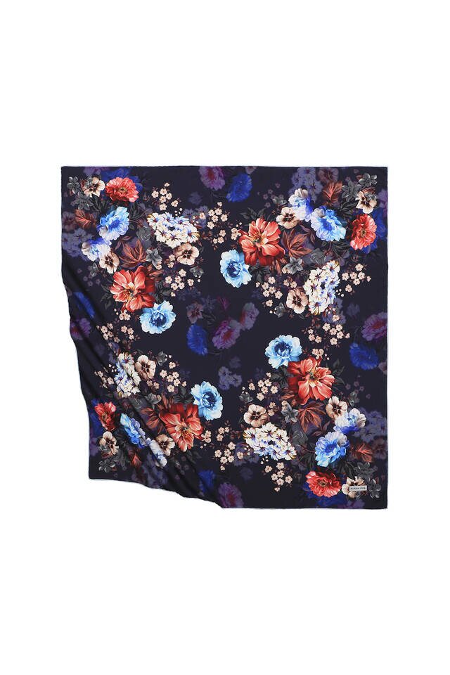Navy Blue Fulya Pattern Silky Square Scarf 