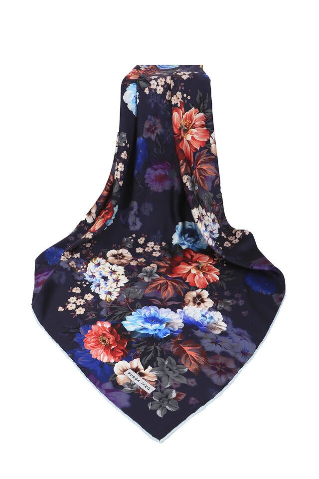 Navy Blue Fulya Pattern Silky Square Scarf - 3