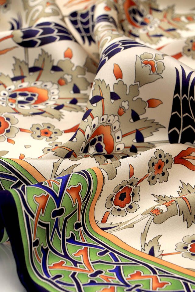 Navy Blue Gray Tile Tulip Pattern Silk Square Scarf - 3