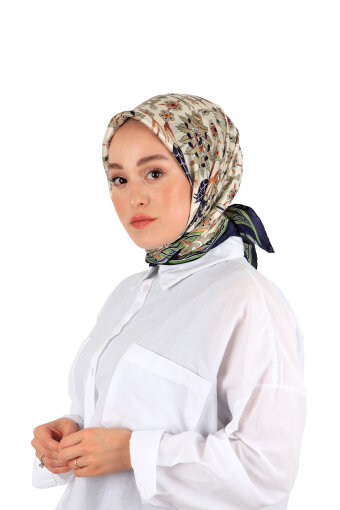 Navy Blue Gray Tile Tulip Pattern Silk Square Scarf 