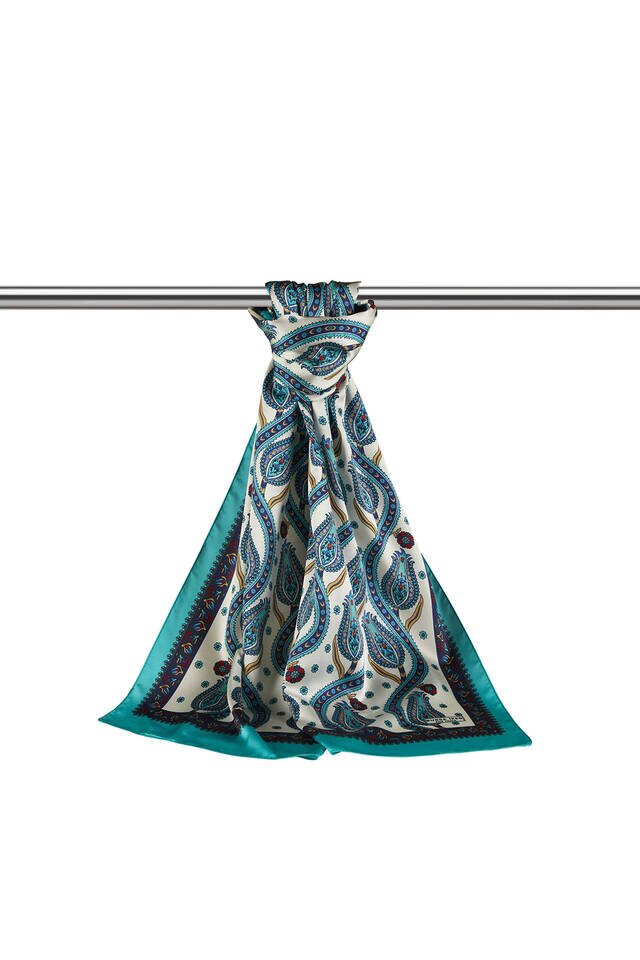 Navy Blue Green Row Tulip Pattern Narrow Silky Foulard - 3