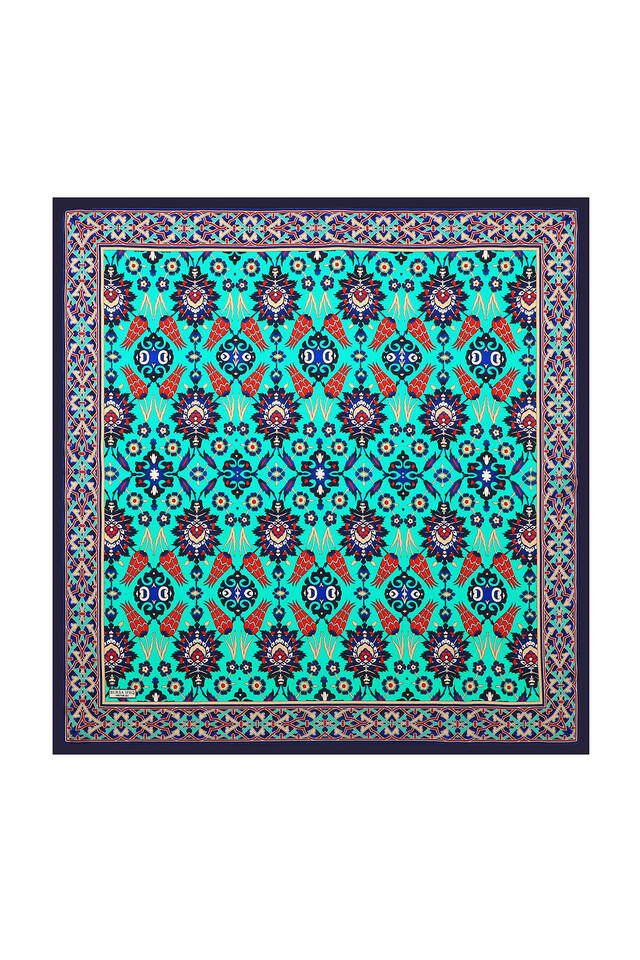 Navy Blue Green Tile Tulip Pattern Silk Square Scarf - 2