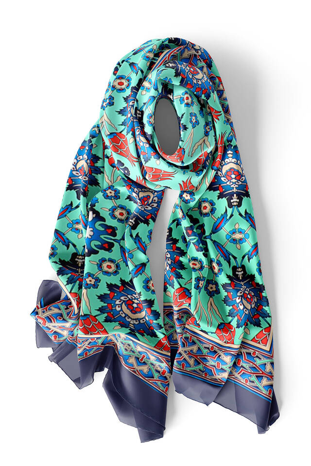 Navy Blue Green Tile Tulip Silk Foulard - 3
