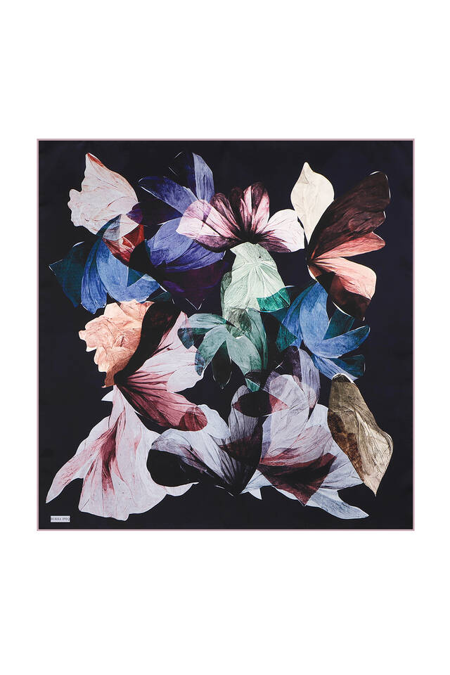 Navy Blue Harmony Pattern Sura Silk Square Scarf - 2