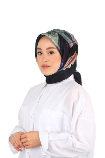 Navy Blue Harmony Pattern Sura Silk Square Scarf 