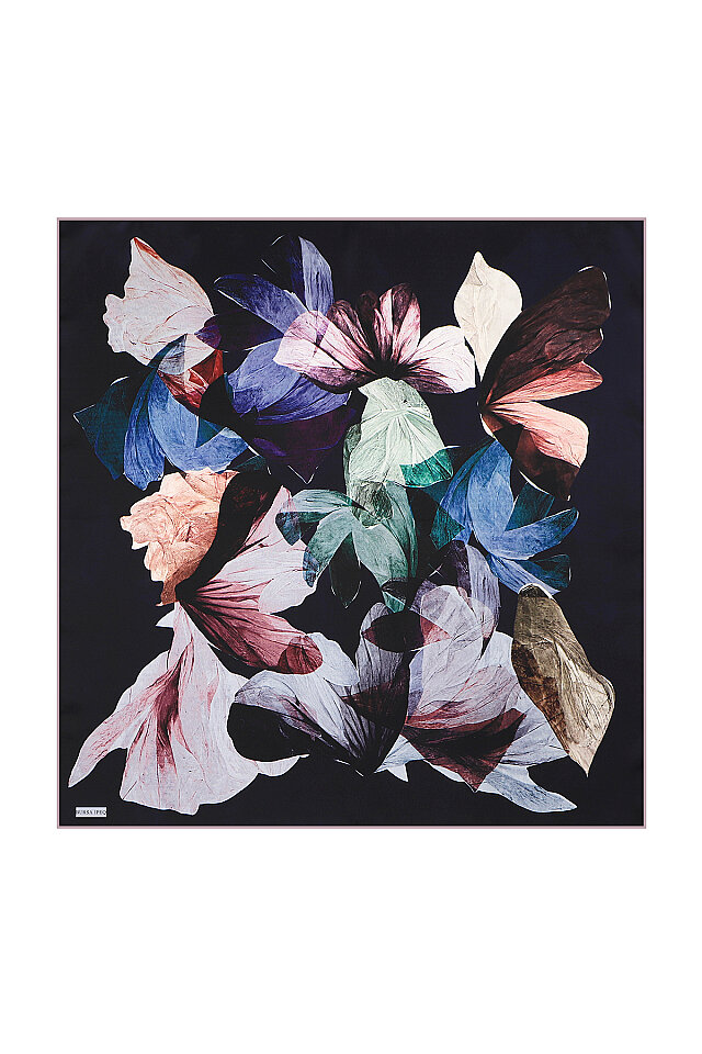 Navy Blue Harmony Pattern Sura Silk Square Scarf 