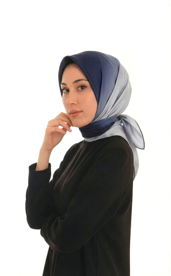 Navy Blue Ice Blue Gradient Sura Silk Square Scarf - Bursa İpek
