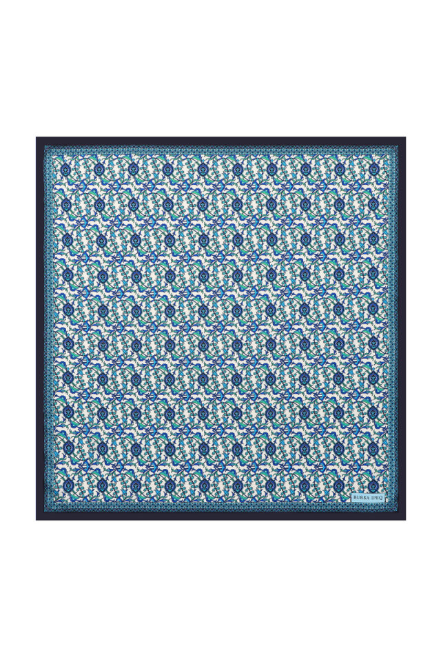  Navy Blue Ivy Tulip Pattern Silky Pocket Square - Bursa İpek